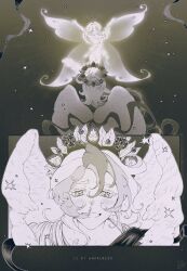 1boy 1girl angel_wings antenna_hair armored_boots blonde_hair boots butterfly_wings cookie_run cookie_run:_kingdom cupid curly_eyebrows floating_hair highres humanization insect_wings kairo_bun layered_clothes long_eyelashes long_hair looking_at_viewer monochrome pavlova_cookie sugarfly_cookie very_long_hair wings