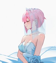 1girl bare_shoulders blue_choker blue_dress blue_tiara blue_veil blush breasts choker cleavage closed_eyes closed_mouth collarbone commentary danraz0r dress go-toubun_no_hanayome highres large_breasts light_smile nakano_ichika pink_hair see-through_clothes see-through_veil short_hair simple_background sleeveless sleeveless_dress solo strapless strapless_dress tiara veil wedding_dress white_background