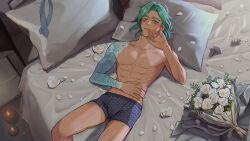1boy abs absurdres arm_up blush bouquet boxer_briefs candle cove_holden curtained_hair eiden_kato feet_out_of_frame flower green_eyes green_hair hand_on_own_face hand_on_own_stomach head_on_pillow highres looking_at_viewer lying male_focus male_underwear no_pants on_back on_bed our_life:_beginnings_and_always pectorals pillow poppy_(flower) second-party_source short_hair smile solo sunlight tattoo tattoo_sleeve toned toned_male topless_male underwear underwear_only unworn_clothes upper_body variant_set white_petals