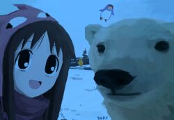 animal_costume azumanga_daiou bear flying grey_sky hat kasuga_ayumu li_shay mihama_chiyo mihama_chiyo&#039;s_father open_mouth penguin_costume polar_bear sky snow winter