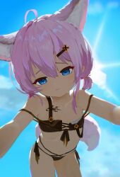 1girl absurdres ahoge animal_ear_fluff animal_ears areola_slip arknights bare_shoulders bent_over bikini black_bikini blue_eyes closed_mouth cloud cloudy_sky cowboy_shot day dot_nose dripping extra_ears flat_chest foreshortening fox_ears fox_girl fox_tail from_below front-tie_bikini_top front-tie_top hair_ornament hairclip highres loli looking_at_viewer material_growth navel off-shoulder_bikini off_shoulder official_alternate_costume oripathy_lesion_(arknights) outstretched_arms pink_hair short_hair short_twintails side-tie_bikini_bottom sky solo spread_arms sun sunlight sussurro_(arknights) sussurro_(summer_flower)_(arknights) swimsuit tail twintails water_drop xiao_kuan_fly