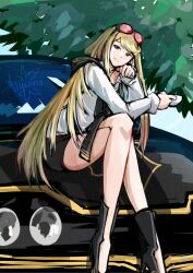 1girl alycoris black_scarf blonde_hair breasts car cleavage crossed_legs curvy digimon digimon_story:_cyber_sleuth eyewear_on_head kuremi_kyouko legs long_hair looking_at_viewer motor_vehicle muscle_car on_car outdoors pink-tinted_eyewear scarf shirt shoes sitting sitting_on_car smile solo sunglasses thighs tinted_eyewear white_shirt