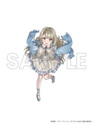 1girl absurdres almic blue_scarf blush brown_eyes brown_hair clenched_hands copyright_name dress frilled_dress frills full_body high_heels highres leg_up long_hair long_sleeves looking_at_viewer mob_kara_hajimaru_tansaku_eiyuutan open_mouth sample_watermark scarf simple_background skirt solo standing standing_on_one_leg tanabe_hikari very_long_hair watermark wavy_hair white_background white_skirt