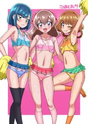 Rule 34 | 3girls, armpits, asortofcolorfag, bare shoulders, black legwear, blue hair, blue panties, blush, border, breasts, brown hair, cameltoe, collarbone, colorized, crop top, delicious party precure, feet out of frame, flat chest, fuwa kokone, green eyes, grin, hair ribbon, hanamichi ran, highres, looking at viewer, microskirt, midriff, miyagoe yoshitsuki, multiple girls, nagomi yui, navel, one eye closed, open mouth, orange legwear, panties, pink background, pink legwear, pink panties, pleated skirt, pom pom (cheerleading), precure, purple eyes, red eyes, ribbon, shoes, short hair, simple background, skirt, sleeveless, small breasts, smie, smile, sneakers, socks, standing, standing on one leg, sweat, thighhighs, underwear, white border, wink, yellow panties
