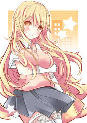 1girl bag blonde_hair breast_lift breast_press breasts brown_sweater_vest chain commentary_request elbow_gloves emblem gloves handbag highres large_breasts long_hair looking_at_viewer pleated_skirt revision school_emblem school_uniform sei000 shokuhou_misaki short_sleeves skirt smile solo sparkling_eyes spider_web_print standing star_(symbol) summer_uniform sweater_vest symbol-shaped_pupils thighhighs toaru_kagaku_no_railgun toaru_majutsu_no_index tokiwadai_school_uniform very_long_hair white_gloves white_thighhighs yellow_eyes