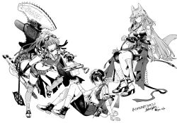 1boy 2girls animal_ear_fluff arknights asymmetrical_gloves axe belt_pouch braid bustier crocodilian_tail crop_top double-parted_bangs double-sided_axe drone elbow_gloves full_body gavial_(arknights) gavial_the_invincible_(arknights) gloves goggles goggles_on_head greyscale hair_between_eyes hair_intakes highres holding holding_axe knee_pads kyo_zip leg_armor long_hair minimalist_(arknights) miniskirt monochrome multiple_girls pointy_ears ponytail pouch pozyomka_(arknights) saw_blade shorts side_slit single_knee_pad sitting skirt socks standing standing_on_one_leg sweatdrop tail thigh_pouch thigh_strap three-quarter_sleeves toes torn_clothes white_gloves