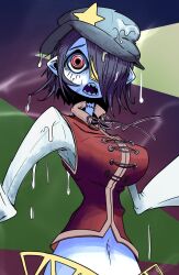 Rule 34 | 1girl, black hair, blue skin, breasts, chinese clothes, colored skin, commentary request, grey hat, hair over one eye, hat, hat ornament, highres, jiangshi, large breasts, looking at viewer, miyako yoshika, nag.n, navel, neck ribbon, newsboy cap, ofuda, open mouth, pointy ears, purple background, purple ribbon, red eyes, red shirt, ribbon, sharp teeth, shirt, short hair, sleeveless, sleeveless shirt, solo, star (symbol), star hat ornament, stitches, tangzhuang, teeth, touhou, upper body, wet hat