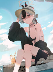 Rule 34 | 1girl, absurdres, bikini, black bikini, black hair, black horns, black jacket, blue archive, blush, breasts, bright pupils, brown hat, cleavage, closed mouth, commentary, cup, day, drinking glass, feet out of frame, grey hair, grey halo, halo, hat, highres, hit by hit, horns, jacket, juice, kayoko (blue archive), long sleevrs, looking at viewer, multicolored hair, open clothes, open jacket, orange juice, outdoors, red eyes, short hair, sitting, solo, swimsuit, two-tone hair, white pupils