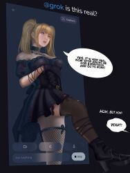 Rule 34 | 1girl, ani (xai), black corset, black dress, choker, corset, dress, fishnets, gloves, goth fashion, grok (xai), highres, lace, lace-trimmed choker, lace-trimmed gloves, lace trim, off-shoulder dress, off shoulder, rhynout, xai (company)