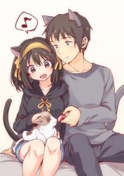 1boy 1girl :d animal_ears black_hoodie black_pants blue_shorts blush brown_eyes brown_hair calico cat cat_boy cat_ears cat_girl cat_tail closed_mouth collarbone commentary_request grey_shirt hair_ribbon hairband highres hood hoodie kyon long_sleeves medium_hair musical_note open_mouth pants petting ribbon shamisen_(suzumiya_haruhi) shirt short_hair shorts sitting smile speech_bubble spoken_musical_note suzumiya_haruhi suzumiya_haruhi_no_yuuutsu taiki_(6240taiki) tail yellow_hairband yellow_ribbon