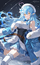 1girl absurdres alaya0130 artist_name bare_shoulders blue_hair blue_jacket blue_skirt breasts cleavage cowboy_shot dress elf hat highres hololive jacket large_breasts long_hair multicolored_hair off_shoulder pink_hair pointy_ears skirt solo thighhighs two-tone_hair virtual_youtuber white_dress white_hat white_thighhighs yellow_eyes yukihana_lamy yukihana_lamy_(1st_costume)