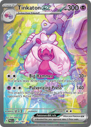 Rule 34 | :d, arm up, artist name, card (medium), character name, company name, copyright name, copyright notice, crystal, english text, eyelashes, hammer, holding, holding hammer, matsuno tika, nintendo, official art, open mouth, outdoors, pokemon, pokemon (creature), pokemon card, pokemon focus, pokemon tcg, smile, solo, sparkle, standing, third-party source, tinkaton, tinkatuff, trading card