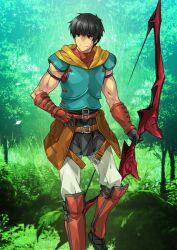 Rule 34 | 1boy, aqua armor, arash (fate), armlet, armor, armored boots, belt, belt buckle, black (artist), black belt, black boots, black eyes, black gloves, black hair, black shorts, boots, bow (weapon), breastplate, brown belt, brown gloves, brown shirt, buckle, closed mouth, dark-skinned male, dark skin, fate/grand order, fate (series), foot out of frame, gloves, green background, hand on own hip, holding, holding bow (weapon), holding weapon, hood, hood down, jewelry, male focus, official art, pants, shirt, short hair, shorts, shoulder armor, sleeveless, sleeveless shirt, smile, solo, standing, third-party source, toned, toned male, turtleneck, two-tone gloves, weapon, white pants, yellow hood