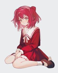1girl blush bow bowtie colored_eyelashes dress eyelashes frills full_body green_eyes highres long_sleeves looking_afar medium_hair original parted_lips red_dress red_hair sailor_collar shoes simple_background sitting socks solo two_side_up wariza white_background white_bow white_bowtie white_socks yuumii_0120