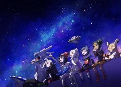 2girls 3boys :d alolan_form alolan_raichu beanie blonde_hair closed_mouth commentary_request dark-skinned_male dark_skin eating elio_(pokemon) gen_7_pokemon gladion_(pokemon) green_eyes hat hau_(pokemon) legendary_pokemon lillie_(pokemon) litten long_hair long_sleeves miu_(miuuu_721) multiple_boys multiple_girls night nintendo on_lap open_mouth orange_shoes outdoors pointing pokemon pokemon_(creature) pokemon_on_lap pokemon_sm popplio red_headwear rowlet selene_(pokemon) shirt shoes short_sleeves shorts silvally sitting sky smile star_(sky) starter_pokemon_trio t-shirt tongue yellow_shorts
