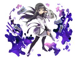 1girl akemi_homura akemi_homura_(magical_girl) argyle_clothes argyle_footwear artist_request back_bow black_boots black_capelet black_hair black_hairband bomb boots bow bowtie capelet closed_mouth collared_capelet dot_nose dress elemental_story explosive floating_clothes floating_hair frilled_skirt frills full_body gem gun hairband hand_in_own_hair hand_jewel handgun high_heel_boots high_heels holding holding_gun holding_weapon layered_sleeves legs_apart light_blush light_frown long_hair long_sleeves magic magical_girl mahou_shoujo_madoka_magica mahou_shoujo_madoka_magica_(anime) miniskirt official_art pantyhose pipe_bomb pleated_skirt purple_bow purple_bowtie purple_capelet purple_eyes purple_gemstone purple_skirt second-party_source shield short_dress skirt skirt_under_dress solo standing straight_hair thigh_boots transparent_background tsurime two-tone_capelet very_long_hair weapon white_dress