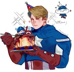 Rule 34 | 1boy, artist name, birthday cake, bishie sparkle, blonde hair, blue bodysuit, blush, bodysuit, boots, cake, captain america, captain america (series), closed eyes, closed mouth, eating, english text, food, gloves, hands up, hat, heart, helmet, highres, holding, holding plate, holding spoon, male focus, marvel, marvel cinematic universe, multiple views, party hat, plate, red boots, red gloves, rogersrival, short hair, simple background, smile, sparkle, speech bubble, spoon, star (symbol), star print, steve rogers, striped hat, superhero costume, upper body, white background