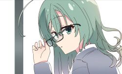 1girl adjusting_eyewear adversarial_noise ahoge aqua_eyes aqua_hair commentary_request crossed_bangs from_side glasses green-framed_eyewear hair_between_eyes hand_up huge_ahoge lab_coat long_hair looking_at_viewer okaeru parted_lips portrait riddle_joker shikibe_mayu simple_background solo white_background