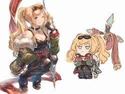 1girl ;) absurdres ankle_boots belt_collar black_boots black_gloves black_tank_top black_thighhighs blonde_hair blue_eyes boots breasts chibi chibi_inset cleavage collar commentary english_text eyewear_on_head fingerless_gloves full_body fur-trimmed_jacket fur_trim gloves granblue_fantasy green_jacket hair_intakes hibana_(hibana_ztlv) highres holding holding_polearm holding_weapon jacket long_hair looking_at_viewer medium_breasts off_shoulder one_eye_closed polearm smile spear squatting sunglasses symbol-only_commentary tank_top thighhighs twintails watermark weapon white_background zeta_(granblue_fantasy)
