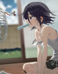 Rule 34 | 1boy, absurdres, bare shoulders, barefoot, black shorts, blue sky, blush, chama (chacoc0), commentary, danganronpa (series), danganronpa v3: killing harmony, electric fan, eyelashes, flipped hair, food, food in mouth, from side, hair between eyes, highres, hot, indoors, male focus, medium hair, nipple slip, nipples, oma kokichi, popsicle, popsicle in mouth, profile, shiny skin, shorts, sitting, sky, sliding doors, strap slip, summer, sweat, tank top, trap, white tank top, wind