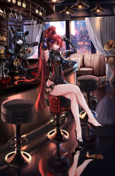 1girl absurdres bar_(place) bare_legs black_bodysuit black_gloves black_shoes bodysuit bottle breasts circle_facial_mark commentary_request crossed_legs cup drinking_glass earrings elbow_gloves gloves hair_ornament hair_stick high_heels high_ponytail highres holding holding_bottle jewelry large_breasts legs long_hair looking_at_viewer mark_under_both_eyes mouth_hold partial_commentary phonograph pointy_ears ponytail pouring purple_eyes red_hair reflective_floor shoes sidelocks sitting solo speedoflight tacet_mark_(wuthering_waves) very_long_hair wuthering_waves yinlin_(wuthering_waves) zapstring_(wuthering_waves)