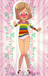 1girl blonde_hair blue_eyes blush collarbone disney embarrassed flat_chest floral_background inside_out loli long_sleeves looking_down multicolored_shirt oot94 open_mouth panties pink_background pink_panties pixar polka_dot polka_dot_panties rainbow_shirt red_shoes riley_andersen scene_reference shirt shoes short_hair sneakers socks standing striped_clothes striped_shirt teeth tooth_gap underwear white_socks