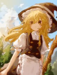 1girl apron black_skirt black_vest blonde_hair blue_sky blurry blurry_background braid broom cloud expressionless from_below hair_between_eyes hat holding holding_broom kirisame_marisa kuraageru1600 long_hair looking_to_the_side shirt short_sleeves skirt sky solo touhou tree vest white_shirt witch_hat yellow_eyes