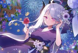 1girl aerial_fireworks ahoge alternate_costume apple_caramel black_halo black_horns black_sash blue_archive blush breasts closed_mouth commentary english_commentary fireworks flower hair_flower hair_ornament halo hands_up hina_(blue_archive) holding_candy_apple horns japanese_clothes kimono long_hair looking_at_viewer medium_breasts night obi outdoors purple_eyes purple_flower purple_kimono sash smile solo very_long_hair white_hair