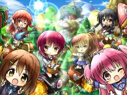 &gt;_&lt; 6+girls angel_beats! black_hair blue_ribbon blue_skirt bocchi_the_rock! bow bowtie brown_eyes brown_hair chibi crossover dinosaur_costume electric_guitar fang gotoh_hitori guitar hirasawa_yui hisako_(angel_beats!) instrument iwasawa_masami k-on! kita_ikuyo long_hair marihei64ds multiple_crossover multiple_girls nakano_azusa one_eye_closed ponytail red_bow red_bowtie red_hair ribbon sakuragaoka_high_school_uniform school_uniform shinda_sekai_sensen_uniform short_hair shuka_high_school_uniform side_ponytail skirt trait_connection twintails yellow_eyes yui_(angel_beats!)