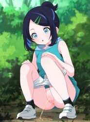 1girl absurdres alpaca_no_otouto black_hair black_socks blue_eyes blue_hair blue_hoodie breasts bush cleft_of_venus collarbone creatures_(company) game_freak grass hair_ornament hairclip hands_on_own_knees highres hood hoodie liko_(pokemon) looking_down multicolored_hair nintendo open_mouth pee peeing pokemon pokemon_(anime) pokemon_horizons ponytail puddle pussy shoes short_hair shorts sleeveless sleeveless_hoodie small_breasts sneakers socks squatting streaked_hair white_shoes white_shorts