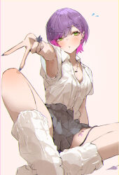 1girl absurdres armpits black_nails bra bra_peek braid breasts cleavage dress_shirt earrings green_eyes hair_ornament hairclip highres hololive jewelry leg_tattoo looking_to_the_side loose_socks medium_breasts menomeno_draw multiple_earrings nail_polish necklace parted_lips plaid_clothes plaid_skirt purple_hair school_uniform shirt short_hair simple_background sitting skirt socks solo tattoo tokoyami_towa underwear v virtual_youtuber white_background white_shirt