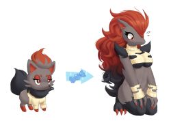 1girl all_fours animal_ears animal_hands arrow_(projectile) black_hair blush breasts candy claws food fox_ears fox_tail full_body furry gen_5_pokemon gradient_hair half-closed_eyes kneeling long_hair looking_down manene medium_breasts multicolored_hair multiple_views navel nintendo no_mouth pokemon pokemon_(creature) pokemon_bw red_eyes red_hair short_sleeves simple_background sweater tail torn_clothes torn_sweater underboob wardrobe_malfunction white_background zoroark zorua