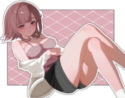 1girl ass black_shorts breasts brown_hair cleavage danganronpa_(series) danganronpa_2:_goodbye_despair feet_out_of_frame galaga jacket long_sleeves medium_breasts medium_hair nanami_chiaki off_shoulder open_clothes open_jacket pink_background pink_eyes pink_shirt sa_bu_ibo shirt shorts solo spaceship_hair_ornament white_background white_jacket