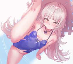 Rule 34 | 1girl, arbiter1, arm tattoo, azur lane, blue one-piece swimsuit, blunt bangs, blush, breasts, cameltoe, closed mouth, commentary, commentary request, covered navel, cross, english commentary, frilled one-piece swimsuit, frills, grey hair, hat, highres, iron cross, leg lift, leg tattoo, long hair, looking at viewer, mixed-language commentary, mole, mole under eye, official alternate costume, one-piece swimsuit, reichsadler, ribbon, small breasts, solo, split, standing, standing on one leg, standing split, straw hat, swimsuit, tattoo, white ribbon, yellow eyes, z46 (azur lane), z46 (her first summer) (azur lane)