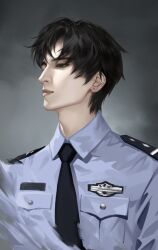 1boy asian black_eyes black_hair black_necktie blue_shirt breast_pocket character_request chinese_commentary closed_mouth collared_shirt commentary_request crest expressionless eyelashes grey_background highres lips long_sleeves looking_ahead male_focus necktie nostrils parted_bangs po_yun pocket pointy_nose police police_uniform realistic shirt short_hair shoulder_pads solo thick_eyebrows thick_lips upper_body ye_dian_pikaqiu
