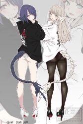 2girls absurdres aqua_eyes artist_name au_ra black_hoodie black_pantyhose black_shoes blue_hair bright_pupils commentary dated final_fantasy final_fantasy_xiv grey_hair high_heels highres hood hood_down hoodie horns lace lace_panties lakugali_shiki looking_at_viewer looking_back mole mole_under_eye mole_under_mouth multiple_girls panties pantyhose pink_eyes scales shoes tail thighband_pantyhose underwear warrior_of_light_(ff14) white_hoodie white_panties white_shoes zoom_layer