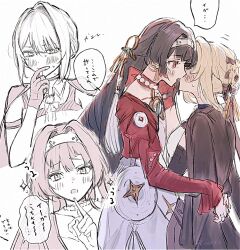 2girls astra_yao black_hair black_jacket blonde_hair blush braid braided_bun closed_mouth dress evelyn_chevalier gloves hair_bun hairband highres jacket kiss long_hair mole mole_under_eye multiple_girls oddno red_dress red_eyes shirt simple_background sparkle speech_bubble sweat translation_request two-tone_dress white_background white_dress white_hairband white_shirt yuri zenless_zone_zero