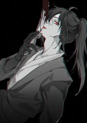 1boy blood bloody_weapon chinese_clothes chinese_commentary chromatic_aberration dagger ddela fang gloves hanfu high_ponytail holding holding_dagger holding_knife holding_weapon knife licking licking_weapon long_hair looking_at_viewer male_focus modao_zushi ponytail red_eyes simple_background smile solo upper_body weapon xue_yang