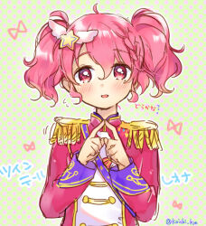 1boy curly_sidelocks green_background hair_ornament jacket long_sleeves looking_at_viewer military_jacket military_uniform open_mouth pink_eyes pink_hair polka_dot polka_dot_background pretty_series pripara purple_background reona_west solo touyama_soboro translation_request trap twintails twitter_username upper_body
