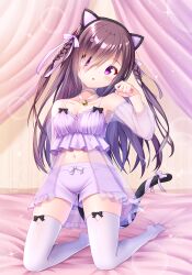 1girl absurdres animal_ear_hairband animal_ears bed black_bow black_hairband blush bow bow_legwear braid breasts brown_hair camisole canopy_bed cat_ear_hairband cat_ears cleavage collarbone commentary dot_nose fake_animal_ears flower getsuyoshi hair_flower hair_ornament hair_over_one_eye hairband hand_up head_tilt highres kneeling lens_flare lingerie looking_at_viewer midriff mizushino_sono navel no_shoes on_bed parted_lips paw_pose pink_flower purple_camisole purple_eyes purple_ribbon purple_shorts re:stage! ribbon see-through_clothes see-through_sleeves shorts skindentation small_breasts solo sparkle swept_bangs thighhighs underwear wallpaper_(object) white_thighhighs