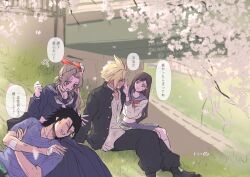 2boys 2girls aerith_gainsborough aerith_gainsborough_(midgard_seventh_high_school) bandaid bandaid_on_arm bandaid_on_cheek bandaid_on_face bandaid_on_hand black_choker black_hair black_jacket black_pants black_sailor_collar black_serafuku black_skirt blonde_hair blue_eyes blue_sailor_collar blue_shirt blue_skirt blush brown_hair brown_shoes bruise bruise_on_face cherry_blossoms choker cloud_strife cloud_strife_(midgard_seventh_high_school) commentary_request delinquent falling_petals feet_out_of_frame final_fantasy final_fantasy_vii final_fantasy_vii_ever_crisis gakuran grass green_eyes hair_ribbon highres injury jacket jewelry lap_pillow long_sleeves looking_at_another midriff multiple_boys multiple_girls navel neckerchief necklace ninnin5tora official_alternate_costume open_clothes open_jacket open_mouth outdoors pants parted_bangs petals pink_petals pink_ribbon puff_of_air red_eyes red_neckerchief ribbon sailor_collar school_uniform serafuku shirt shoes sitting skirt socks speech_bubble spiked_hair three_quarter_view tifa_lockhart tifa_lockhart_(midgard_seventh_high_school) translation_request white_neckerchief white_serafuku white_socks zack_fair zack_fair_(midgard_seventh_high_school)