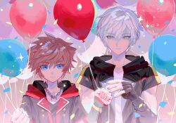 Rule 34 | 2boys, balloon, black gloves, black jacket, black shirt, blue eyes, brown hair, celebration, chain, chain necklace, clenched hands, commentary, confetti, day, fingerless gloves, giving, gloves, green eyes, grey hair, hand up, hands up, height difference, highres, holding, holding balloon, hood, hood down, hooded jacket, jacket, jewelry, kingdom hearts, kingdom hearts iii, looking at another, male focus, multiple boys, necklace, open clothes, open jacket, pendant, riku (kingdom hearts), shirt, short hair, short sleeves, smile, sora (kingdom hearts), sparkle, spiked hair, toned, toned male, too many balloons, tsuba 258, v-neck, white shirt