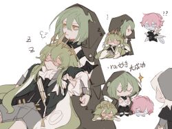 &gt;_&lt; ... 1043933814 1girl 3boys ? ?? ascot black_boots black_cloak black_pants black_shirt boots brown_cloak character_request chinese_commentary chinese_text clenched_teeth cloak closed_mouth collared_shirt colored_skin commentary_request covered_eyes crossed_arms dress fingernails fins frown grey_dress grey_hat grey_shorts grey_skin grey_sleeve_cuffs hair_between_eyes hat head_fins high_collar highres holding_another&#039;s_arm hood hood_up hooded_cloak layered_shirt layered_sleeves light_frown long_hair long_sleeves looking_at_another lying male_focus mandarin_collar morimens multiple_boys multiple_views no_mouth on_stomach pants parted_lips pink_hair pink_mask pleated_dress puffy_long_sleeves puffy_sleeves sash shirt short_hair shorts sidelocks sigh simple_background sleep_mask sleeping sparkle teeth tentacles translation_request very_long_hair white_ascot white_background white_hair white_sash white_shirt yellow_eyes zzz