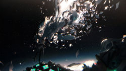 2girls absurdly_long_hair aisarenakute_mo_kimi_ga_iru_(vocaloid) aqua_hair barefoot black_legwear black_skirt boots commentary_request creator_connection detached_sleeves dissolving_clothes face-to-face facing_another feathered_wings flying glowing green_hair hair_censor hair_ornament hatsune_miku headphones headset highres junk junkyard long_hair midriff multiple_girls multiple_wings necktie outdoors paper pleated_skirt praying reaching rella skirt sky songover sparkle standing standing_on_one_leg star_(sky) starry_sky television thigh_boots thighhighs twintails unworn_hair_ornament very_long_hair vocaloid wings zettai_ryouiki