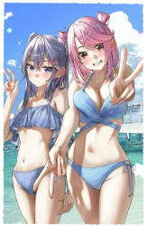 2girls arm_at_side armpit_crease beach bikini blue_bikini blue_eyes blue_sky blush border breasts cleavage closed_mouth cloud collarbone commentary_request cowboy_shot crossed_bangs day double-parted_bangs double_bun double_v flat_chest frilled_bikini frills green_water grey_hair grin hair_between_eyes hair_bun hair_ornament hairclip highres kamagaya_momoka kamikakushi_no_eden large_breasts linea_alba long_bangs long_hair looking_at_viewer medium_hair multiple_girls navel ocean one_side_up outdoors outstretched_arm parted_bangs pentagon_(shape) pier pink_hair reaching reaching_towards_viewer sahara386 shadow shiroi_shizuku side-tie_bikini_bottom sidelocks sky smile standing stomach sunlight swimsuit triangle_hair_ornament two_side_up v water white_border