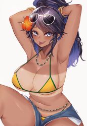 1girl absurdres alternate_skin_color bead_choker beads bikini bikini_under_clothes bikini_under_shorts black_hair blue_eyes blue_hair bracelet brazil brazilian_flag brazilian_flag_bikini brazilian_flag_print brazilian_miku brazilian_miku_(cosplay) breasts cleavage cosplay cutoffs dark-skinned_female dark_skin denim denim_shorts earrings exposed_pocket eyewear_on_head flag_print flag_print_bikini flower gold_bracelet green_trim hair_flower hair_ornament hatsune_miku highres jewelry kivo kson large_breasts long_hair looking_at_viewer lowleg lowleg_shorts mole mole_under_eye multicolored_hair multiple_bracelets navel ponytail print_bikini purple_hair rectangular_earrings shorts shorts_tan skol smile solo souchou streaked_hair sunglasses swimsuit tan tanline tanline_peek tying_hair virtual_youtuber vocaloid vshojo white-framed_eyewear
