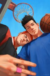 2boys arm_up ball basketball_(object) basketball_hoop black_hair blue_shirt blue_sky brown_eyes closed_mouth commentary_request from_below head_on_another&#039;s_shoulder highres holding holding_ball korean_commentary looking_at_viewer male_focus multiple_boys red_hair sakuragi_hanamichi sendou_akira shirt short_hair short_sleeves sideburns sky slam_dunk_(series) sun_stark t-shirt upper_body v very_short_hair