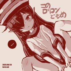 1girl backbeako_(torotei) backbeard blush commentary_request cosplay_request dated dated_commentary expressionless feet_out_of_frame gegege_no_kitarou hair_down hair_over_one_eye half-closed_eye hat kono_lolicon_domome light_frown loli long_hair looking_at_viewer m_legs monochrome original paid_reward_available pointy_ears poncho red_theme simple_background solo spread_legs torotei translated very_long_hair watermark web_address white_background