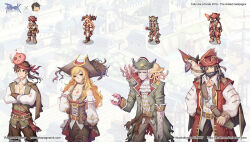 1girl 3boys :i ascot beard belt bicorne black_hair blonde_hair breasts brown_bandana brown_belt brown_eyes brown_hair brown_pants brown_vest character_request claws cleavage closed_eyes closed_mouth coat collared_shirt commentary_request cowboy_shot detached_sleeves eyepatch facial_hair frilled_shirt frills green_vest hat highres international_talk_like_a_pirate_day jacques_peco jewelry kunknee long_hair medium_breasts multiple_boys necklace official_art open_mouth pants peco_peco penomena pirate poring ragnarok_online red_coat red_headwear reference_inset scar shirt shoelace_sean short_hair smile squid sword vest wavy_hair weapon white_ascot white_hair white_shirt white_sleeves william_rotator