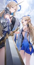 2girls absurdres armored_gloves ass back bare_shoulders black_collar black_dress blonde_hair blue_eyes blue_hair breasts cartethyia_(wuthering_waves) closed_mouth collar colored_inner_hair commentary cowboy_shot crown_of_thorns cryturtle dress dual_persona earrings fleurdelys_(wuthering_waves) floating_earrings highres holding holding_sword holding_weapon horns huge_breasts jewelry long_hair looking_at_viewer multicolored_hair multiple_girls pointy_ears sidelocks single_horn smile sword symbol-only_commentary tabard tacet_mark_(wuthering_waves) thighs weapon white_tabard wuthering_waves yellow_horns